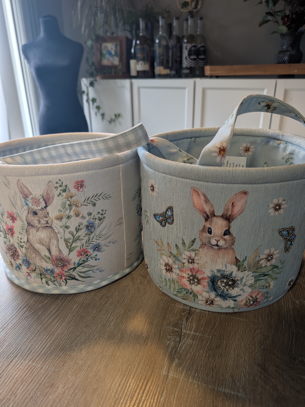 NWT Blue Bunny Floral Fabric Storage Baskets - Set of 2